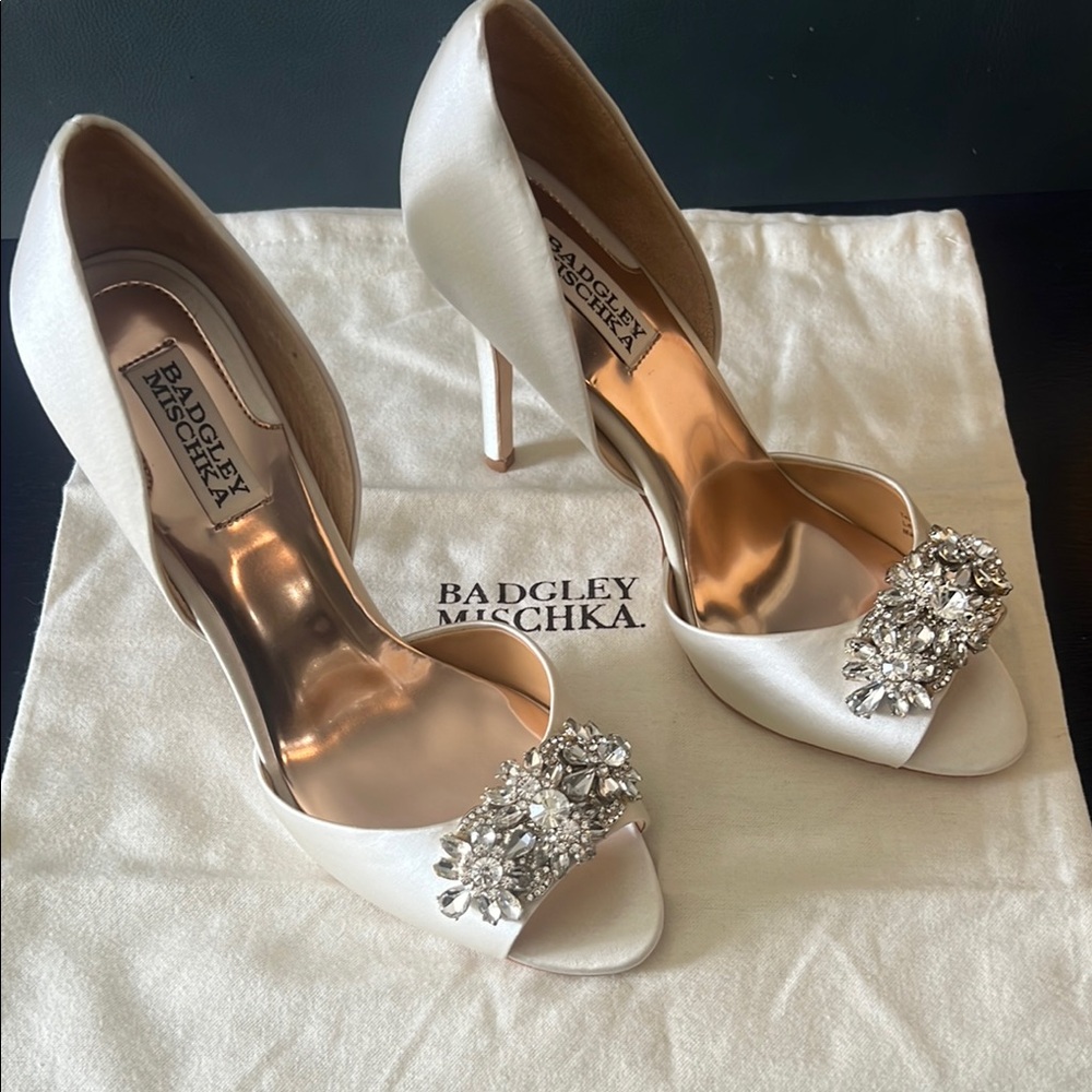 Badgley Mischka Ivory Satin Heels with Crystal Embellishments